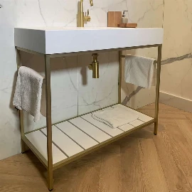 Luxe Slab 1200 Brushed Brass Frame Washstand | Stone Resin Sink