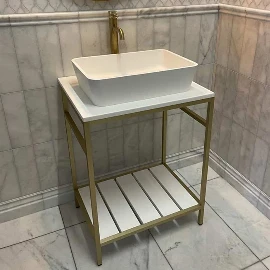 Luxe 600 Brushed Brass Frame Sink Console | Stone Top & Sit On Sink