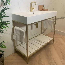 Luxe Slab 800 Brushed Brass Frame Washstand | Stone Resin Sink