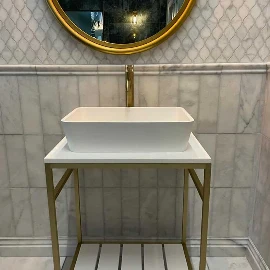 Luxe 600 Brushed Brass Frame Washstand | Stone Top & Sit On Sink