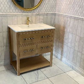 Ava oak vanity unit with a rectangle undermounted basin and brass tap