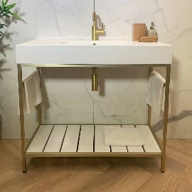 Luxe Slab 800 Brushed Brass Frame Washstand | Stone Resin Sink