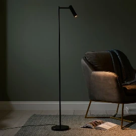 A floor standing reading lamp in matt black