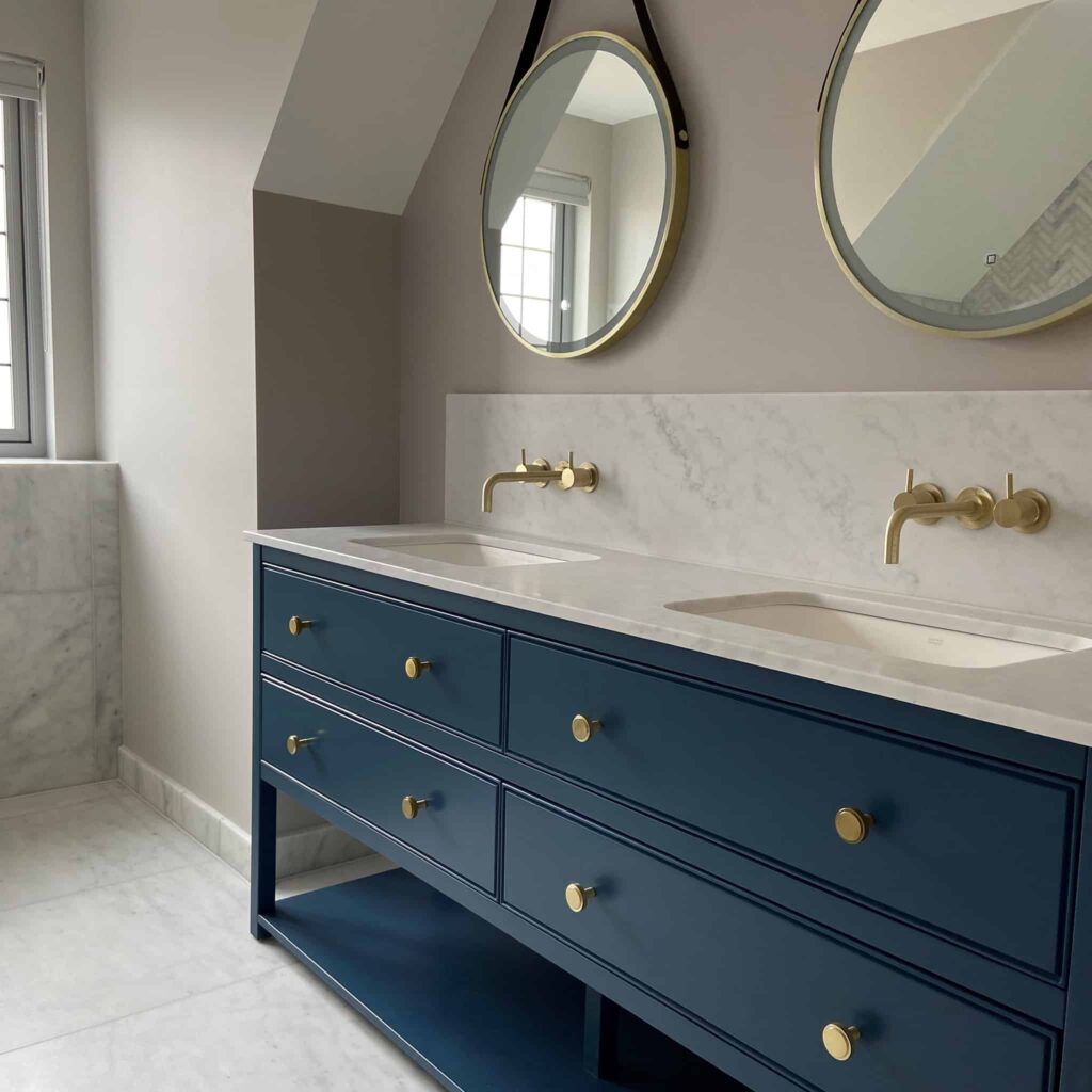 amy double undercounter blue painted vanity unit