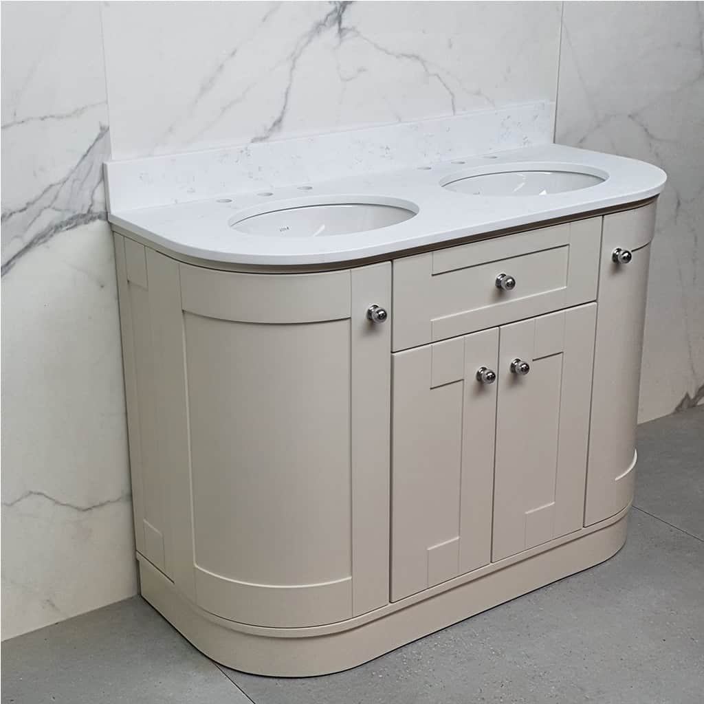 Emily Vanity cabinet with Carrera White Solid Surface Worktop , Painted in F&B Shaded White