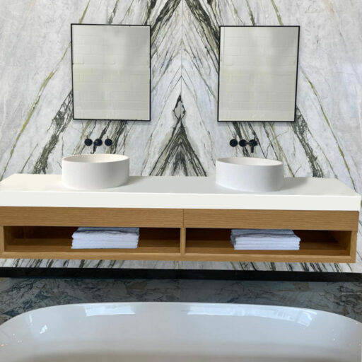 felix large reeded oak wall hung vanity unit | krion™ slab with countertop basin(s)