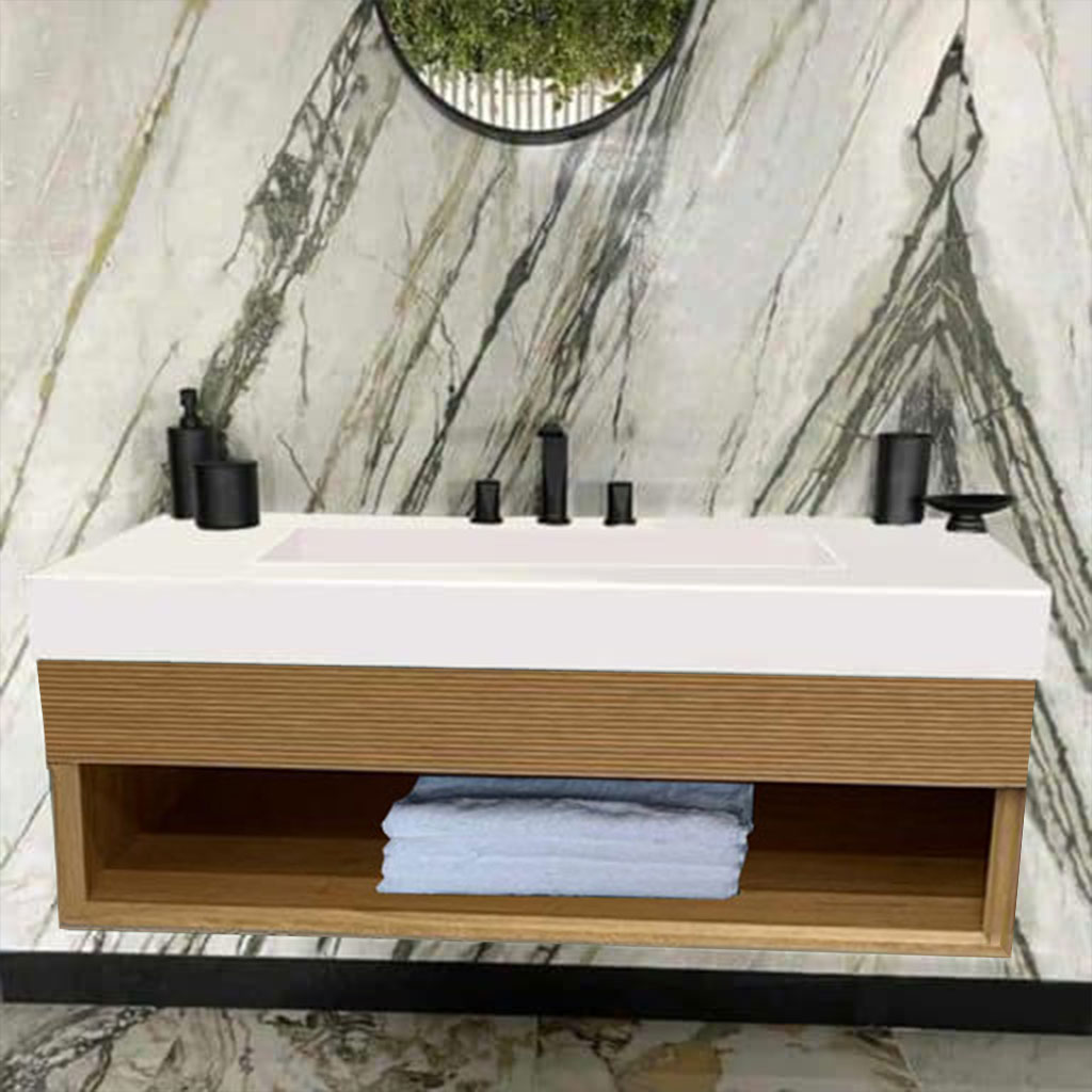 felix reeded oak wall hung vanity unit | krion™ slab basin