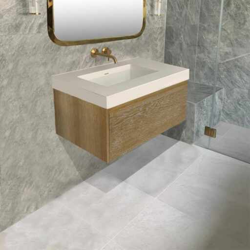 linea oak wall hung vanity unit | krion™ slab with undercounter basin
