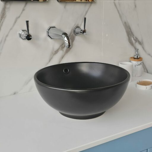 round sit on black matt ceramic sink